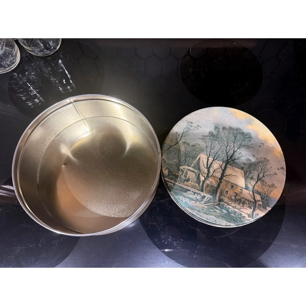 Vintage Currier and Ives The Old Grist Mill Winter Scene Round Metal Tin 10in